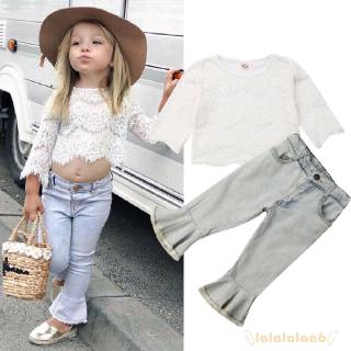Set áo ren tay loe + quần jeans dài ống loe xinh xắn cho bé gái