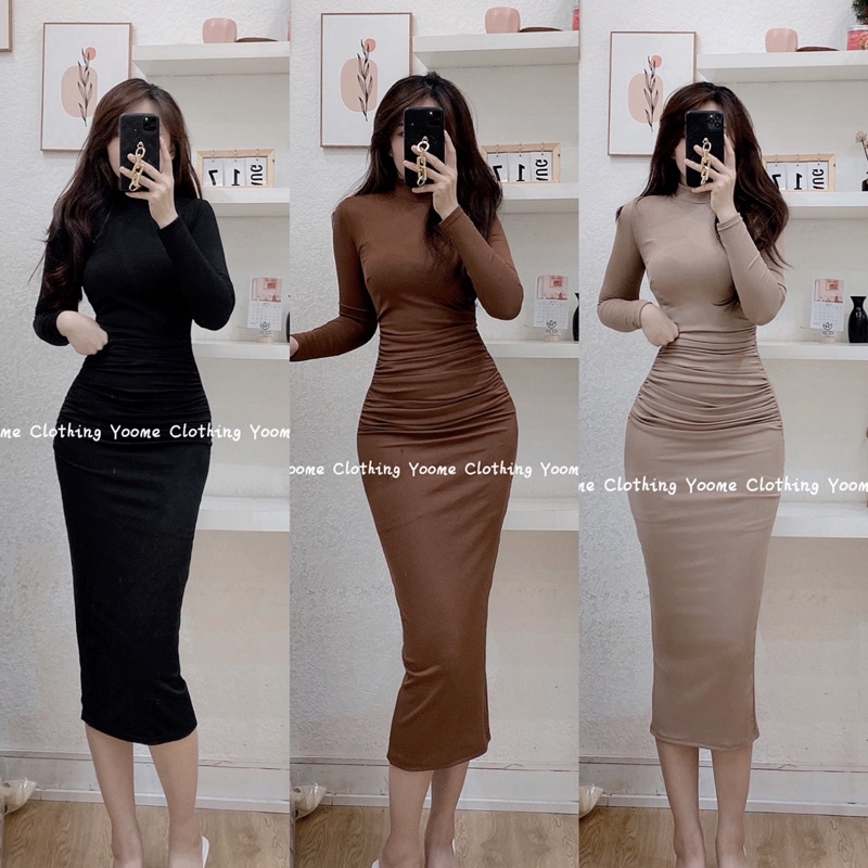 Váy body tăm dáng dài nhún eo cổ 3cm ôm tôn dáng cho nữ Yoomeclothing ( ảnh thật tại shop )