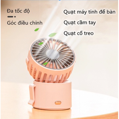 Quạt mini tích điện cầm tay có đế để bàn 3 tốc độ gió Quạt đeo cổ mini 3 màu tích điện usb pin trâu 1400mah