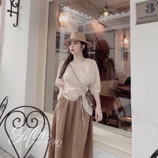 Set áo váy đũi màu be mix nâu tây cực đẹp