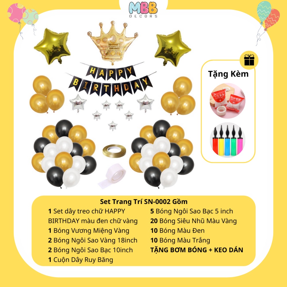 [TẶNG BÓNG SỐ &amp; BƠM, KEO] Set Trang Trí Sinh Nhật Bé Trai Bé Gái Màu Vàng Đen Đầy Đủ Phụ Kiện 0002