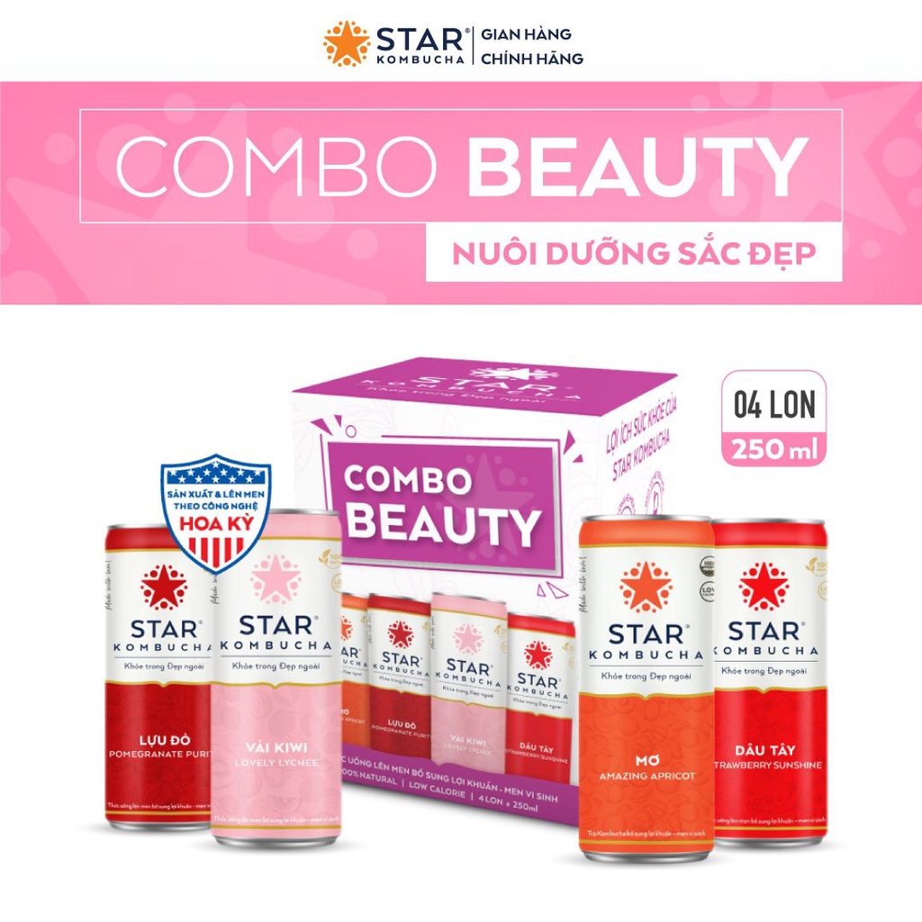 Combo 4 lon trà STAR KOMBUCHA mix vị - Beauty Pack (250ml/lon) - Trà lên men vi sinh chứa probiotics bảo vệ sức khoẻ