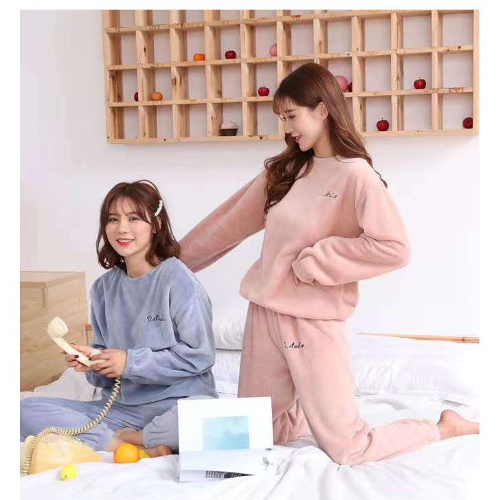 Đồ bộ nữ nỉ lông D Studio thêu chữ bộ bông mặc ở nhà mùa đông siêu ấm giữ nhiệt