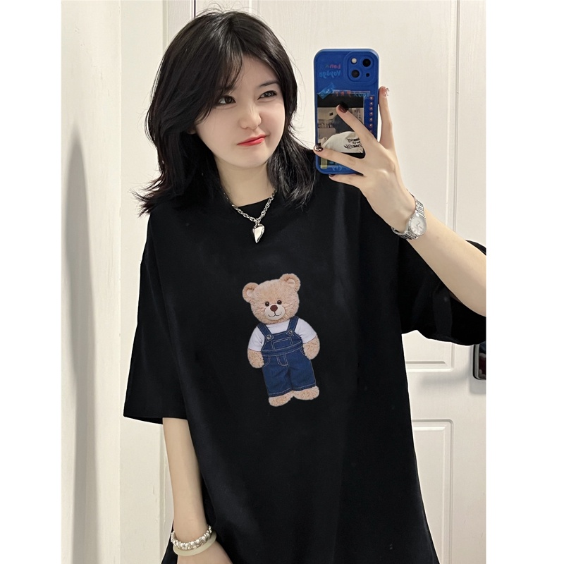 Áo Thun Tay Ngắn Màu Trơn In Họa Tiết Hoạt Hình Phong Cách Hàn Quốc Thời Trang Cho Nữ Cỡ 2XL