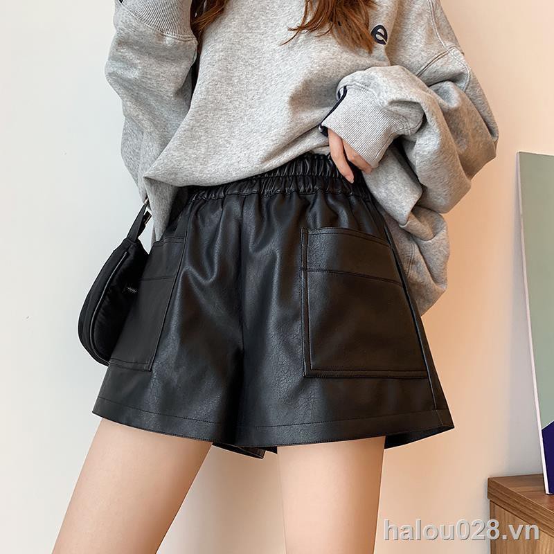 Quần Short Da Ống Rộng Lưng Cao Thời Trang Thu Đông Cho Nữ