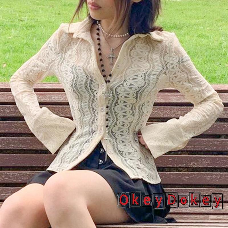 Áo sơ mi tay dài ống loe phối ren dáng ôm thời trang cho nữ