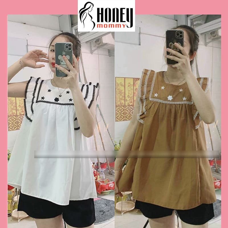 Áo Bầu Mùa Hè Sát Nách Cánh Tiên Cổ Thêu Xinh Xắn Dễ Thương Đi Chơi Đi Làm Công Sở HS3616 Honey Mommy