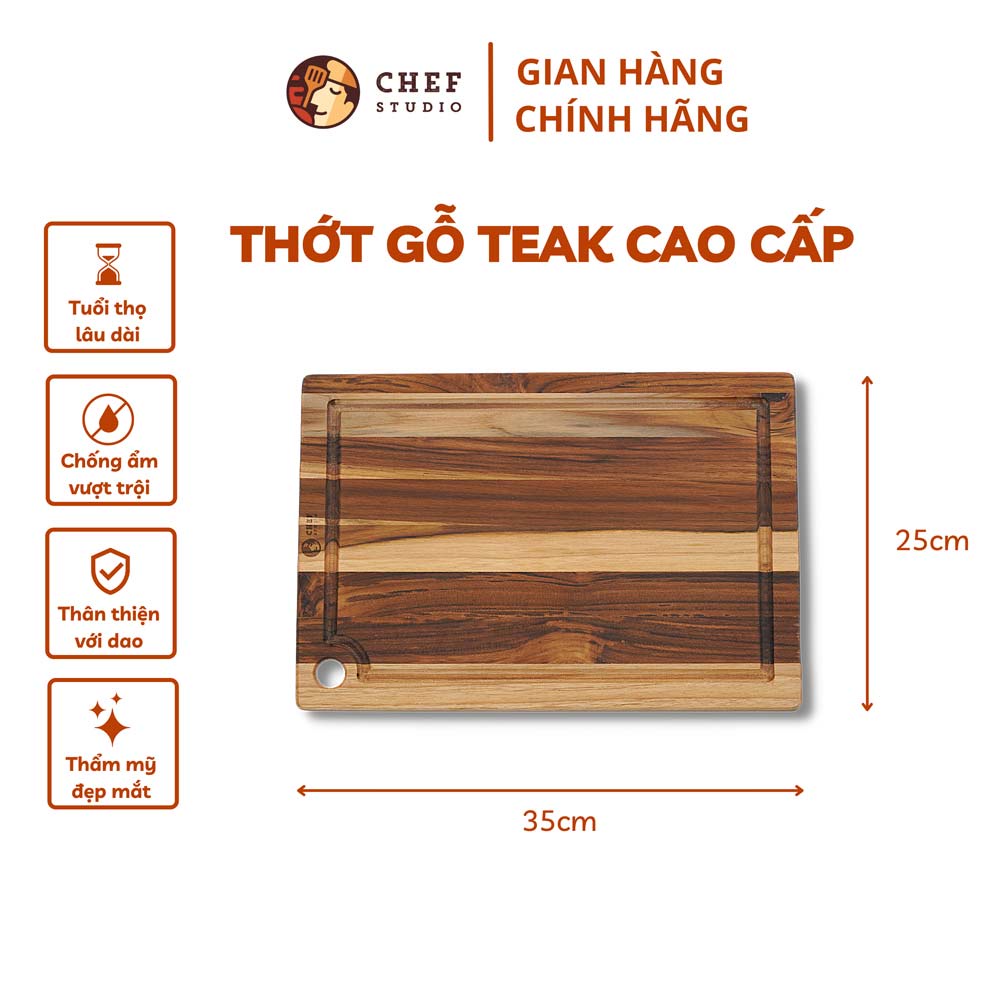 Thớt gỗ Teak Chef Studio cao cấp hình chữ nhật, có rãnh và lỗ treo, dùng cho cắt thái và trang trí