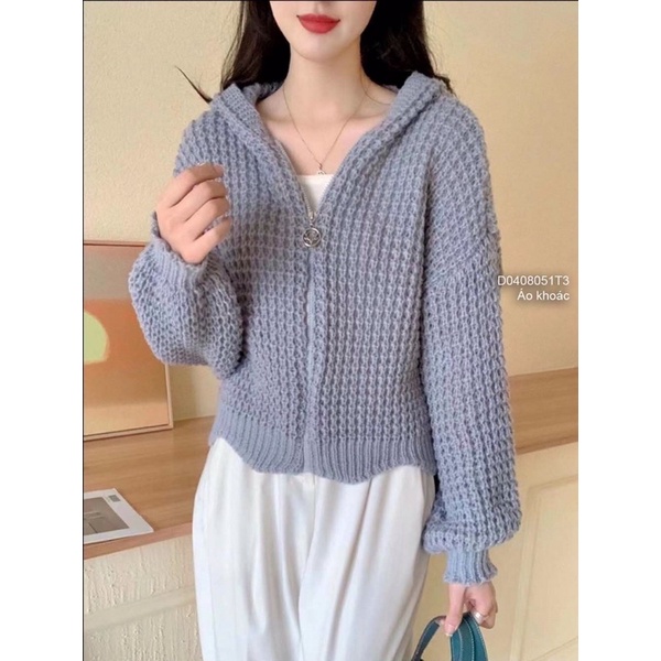 Áo khoác Len đan lỗ có nón dài tay bo ống khoá kéo XINH TT0408