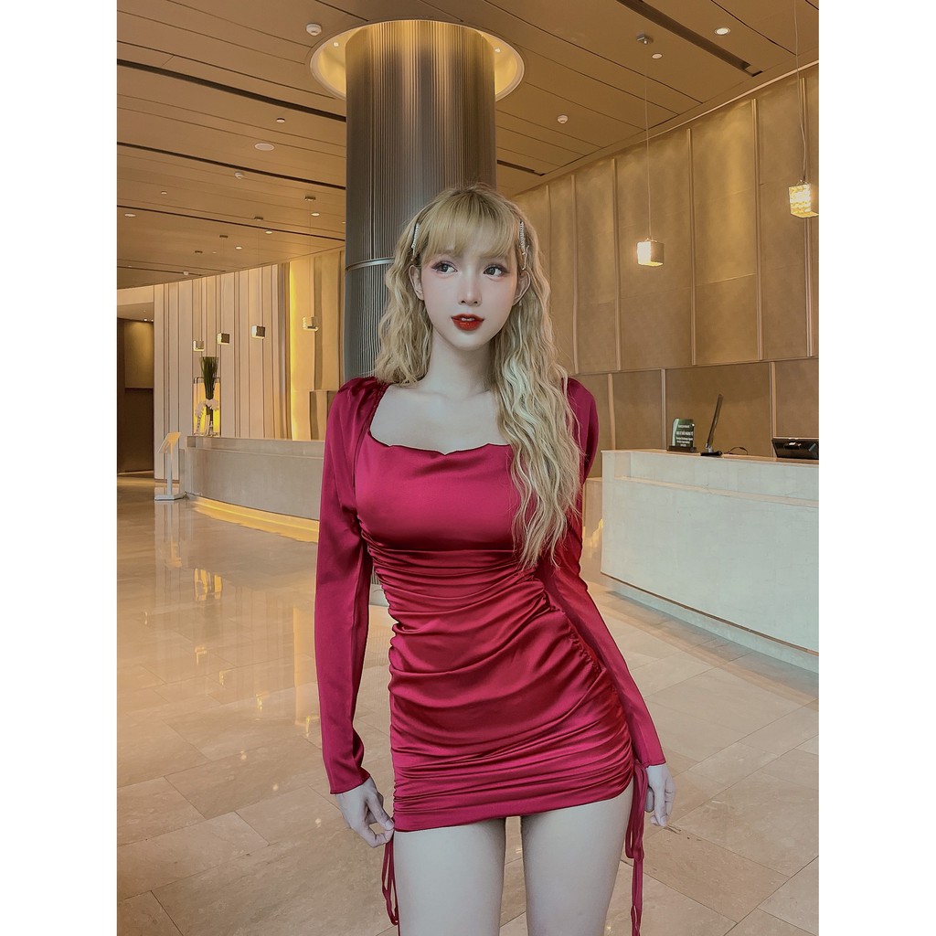 Váy Lụa Body Tay Dài Dây Rút LSEOUL V1000 Tôn Dáng Quyến Rũ Phù Hợp Đi Tiệc