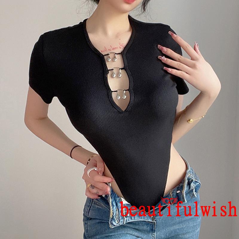 BEAUTIFULWISH-Women´s Summer Knitted Bodysuit Black Short Sleeve Round Neck Front Crochet Buckle Playsuit | BigBuy360 - bigbuy360.vn