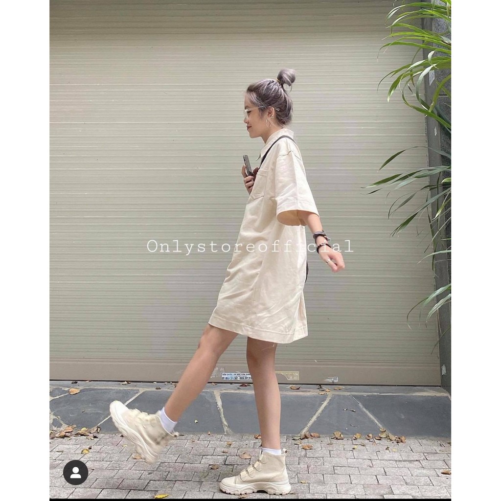 Váy suông polo kaki,váy polo nữ Đầm dáng suông màu be trơn tay lỡ cá tính Ulzzang 🌸 | BigBuy360 - bigbuy360.vn