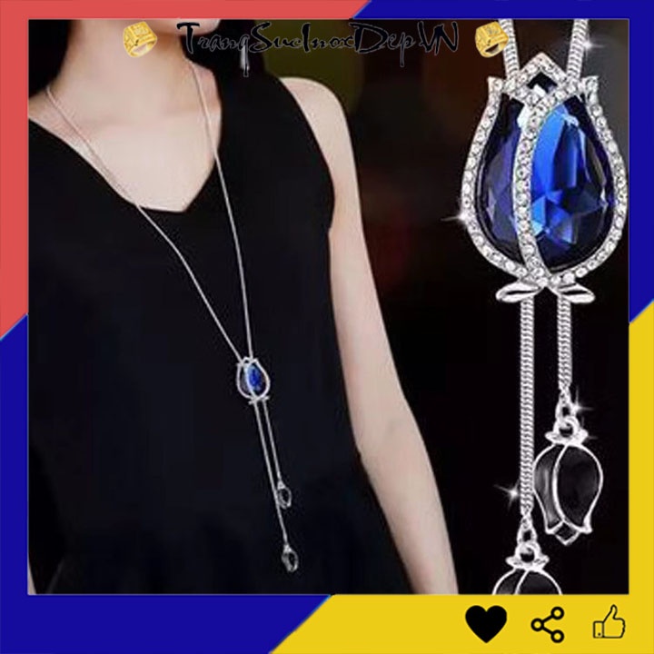 Dây chuyền nữ phong cách Hàn Quốc rớt hoa tulip xanh dương kiểu dài siêu đẹp hợp thời trang, mang phong cách, dễ phối đồ