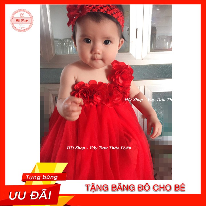 Đầm cho bé sơ sinh ❤️FREESHIP❤️ đầm công chúa đỏ sáu bông lệch quai cho bé 0-12 tháng tặng kèm băng đô