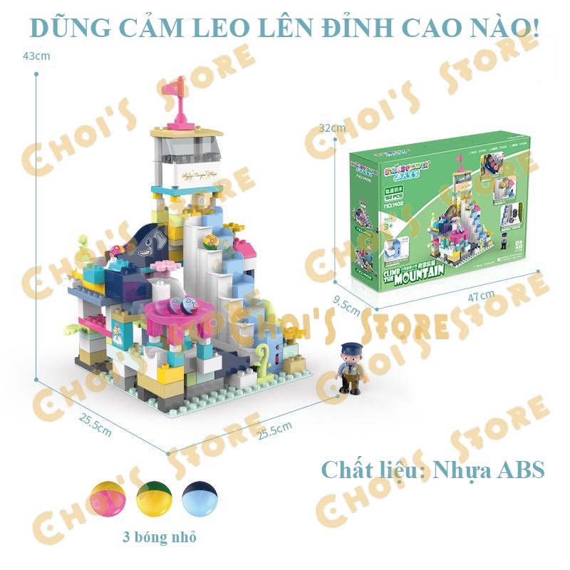 Đồ chơi lego trượt bi mẫu lâu đài có thang máy nâng bi tự động, vui nhộn