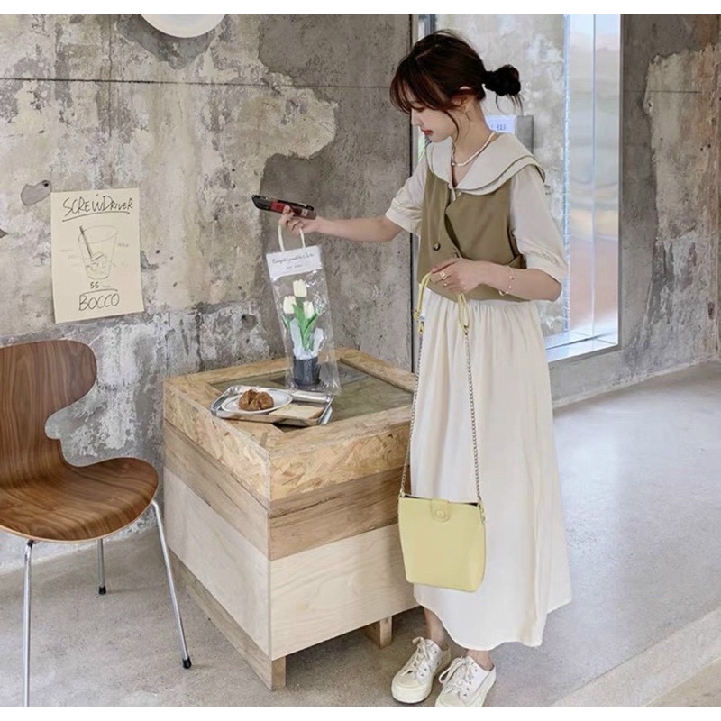 SET ĐẦM MIDI BBD CỔ SEN KÈM GILE NÂU