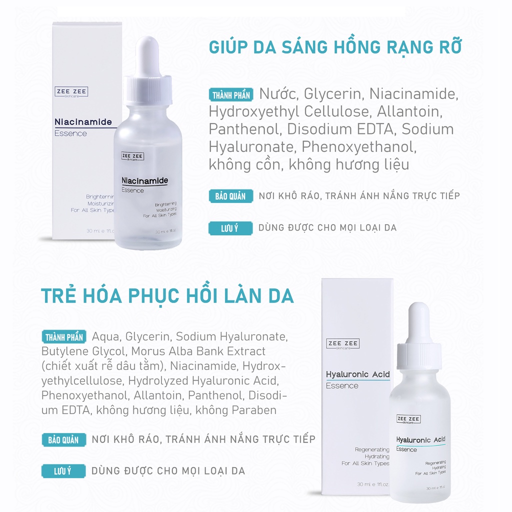 Bộ đôi dưỡng sáng trẻ hóa phục hồi da Niacinamide &amp; Hyaluronic Acid Essence | ZEE ZEE skincare