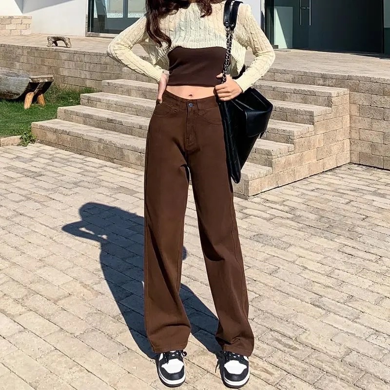 Quần Jeans Nữ Ống Đứng Màu Nâu Đất Đậm Cạp Cao 1 Cúc Phong Cách Ulzzang Hot Trend Basic Dễ Mix Đồ Loại 1