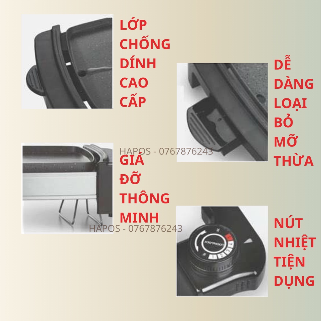 Vỉ nướng điện không khói có ngăn hứng dầu Lock&amp;Lock EJG211BLK cho 2 - 6 người ăn tặng thảm lau chân - HAPOS