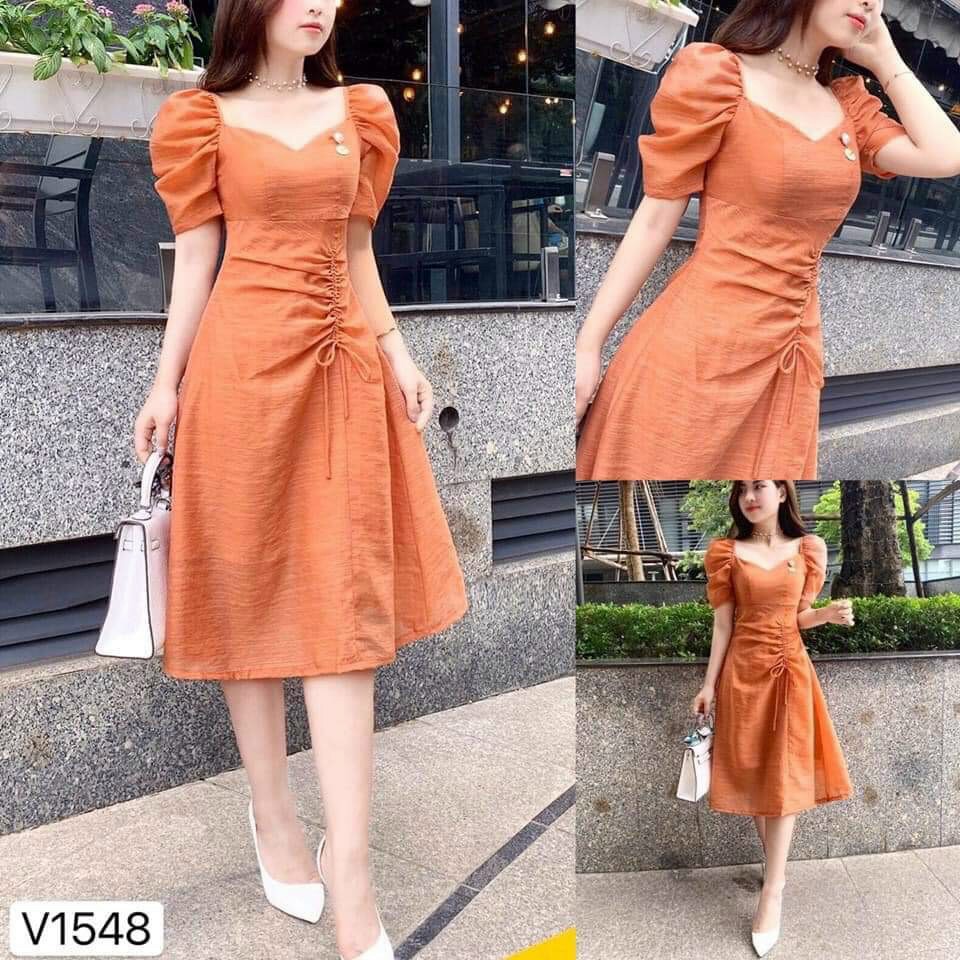 Đầm dáng xòe tay phồng rút dây hông kèm phụ kiện