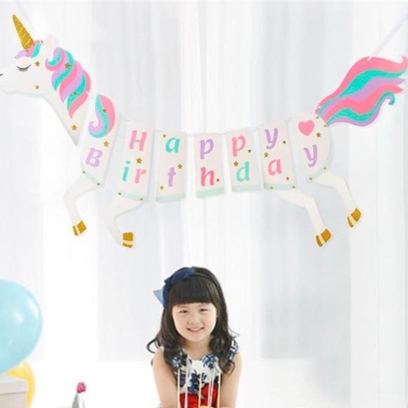 1 Set Dây Cờ Kỳ Lân Kim Tuyến Màu Hồng Trang Trí Tiệc Sinh Nhật Cho Bé