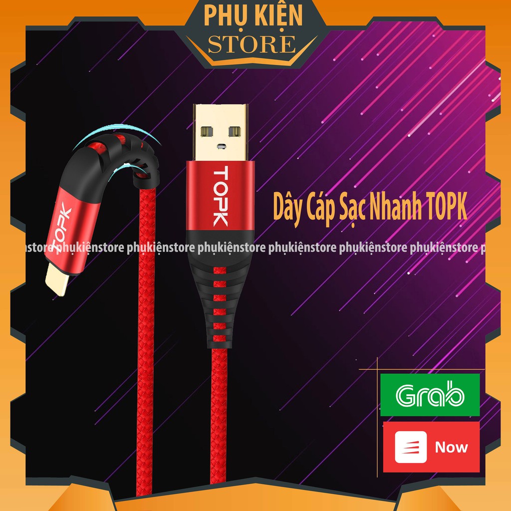 Dây Cáp Sạc TOPK Đầu Ra Micro USB / Type C/ Lightning  Sạc Nhanh Dây Nylon Bện Dài 1m Chắc Chắn