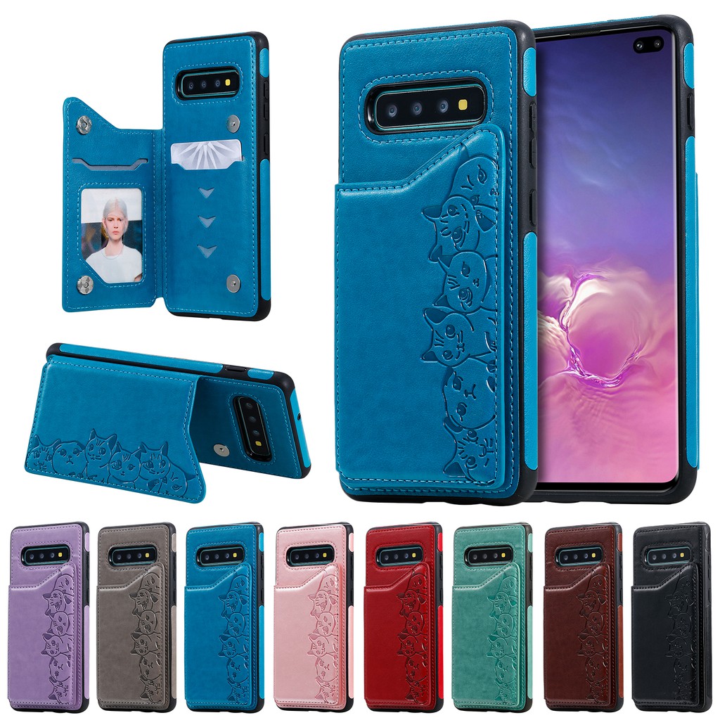 Bao da điện thoại nắp lật dạng ví họa tiết dập nổi 3D có ngăn đựng thẻ cho Samsung Galaxy S10 S9 S8 Plus S10+ S9+ S8+