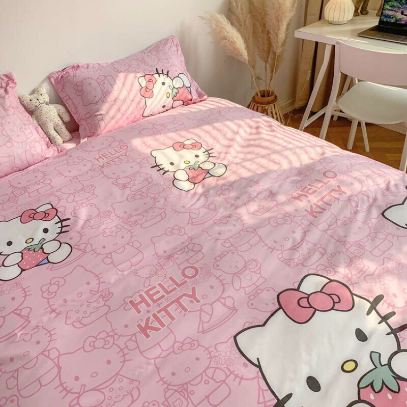 Bộ chăn ga poly nhập khẩu có ruột dày-mẫu Hello Kitty