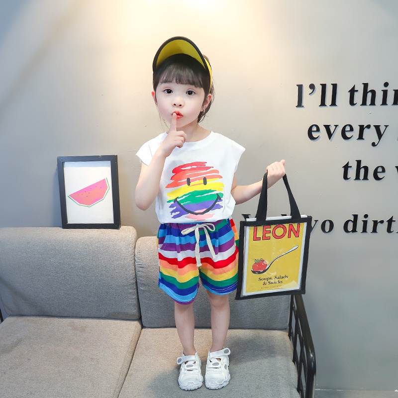 [P.C store] spot 2021 girls' new Korean summer children's T-shirt shorts two piece rainbow Suit Girls' sleeveless children's suit 0-4 years old fashion
