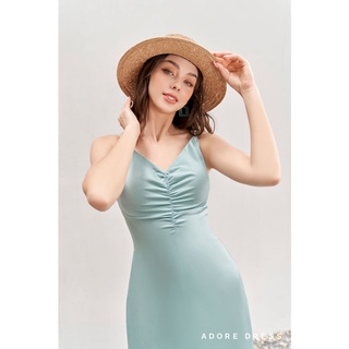Đầm mini 2 dây nhún ngực lụa xanh olive 1VA6016 ADORE DRESS