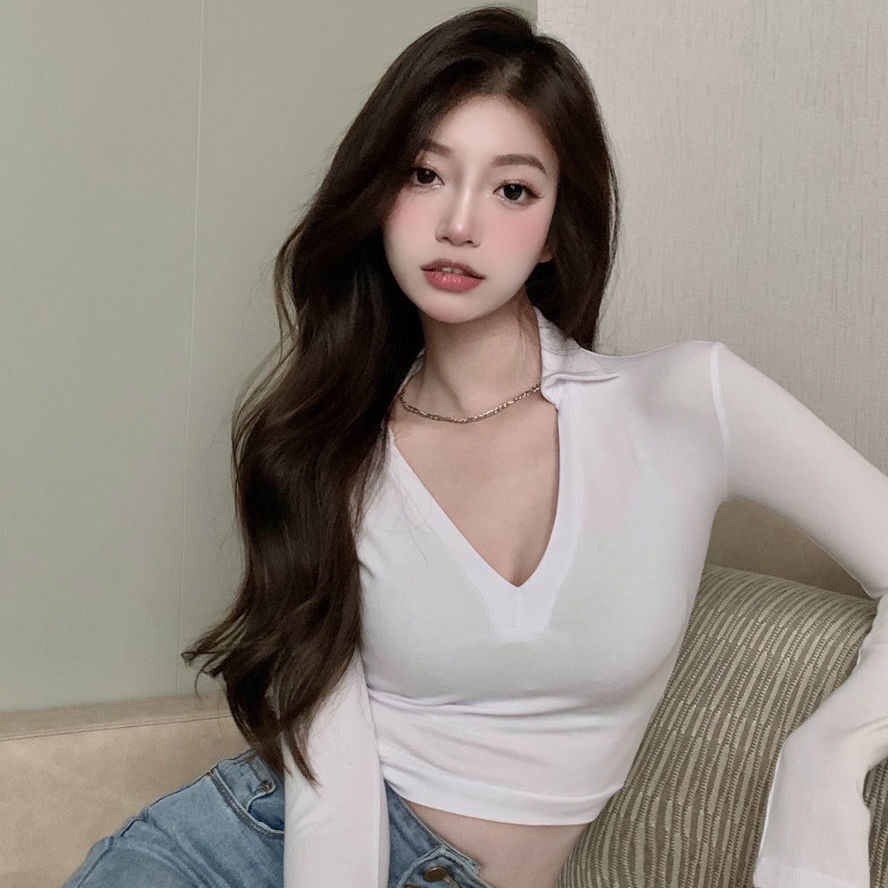 Áo thun COZOK tay dài cổ chữ V màu trơn dáng ôm quyến rũ