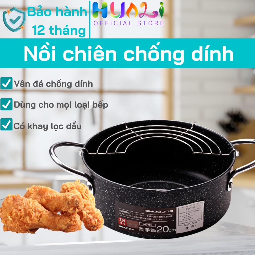 Nồi chiên chống dính Nhật size 20cm có khay ráo mỡ vân đá dày dặn siêu bền
