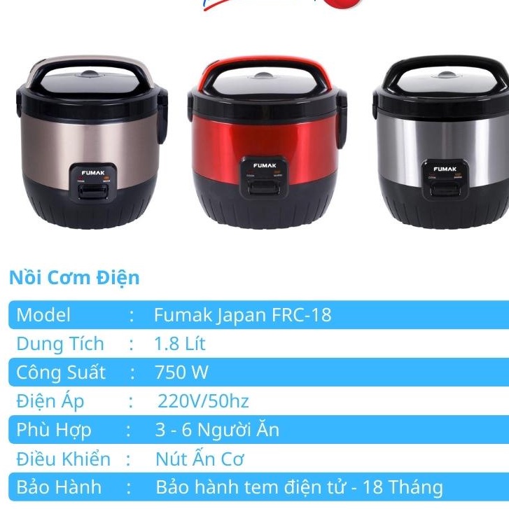Nồi cơm điện nhật bản Fumak FRC18 -Nồi cơm điện nhật 1 8 Lít ( 3 màu ) nồi cơm điện cho 3- 6 người ăn -Bảo hành 18 tháng