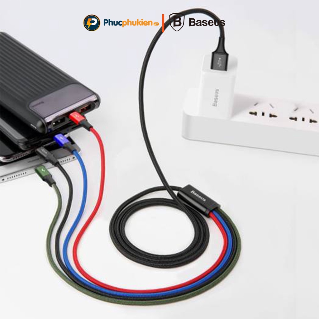Cáp sạc nhiều đầu Baseus Rapid gồm 2 đầu iPh + 1 đầu Micro Usb + 1 đầu Type C - Phúc Phụ Kiện Bảo hành 12 tháng 1 đổi 1