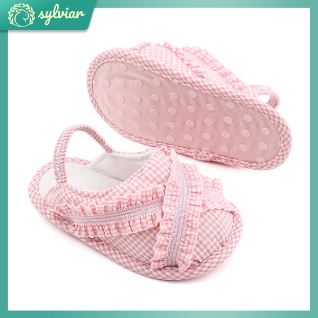 Đôi dép đi trong nhà vải cotton sọc ca rô phối viền bèo dành cho bé 0-18 tháng tuổi