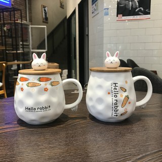 🌸Ly gốm sứ có nắp gỗ thỏ con dễ thương Hello rabbit🌸