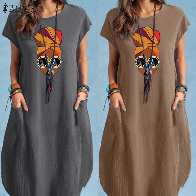 Zanzea Đầm Cotton Cổ Tròn Có Túi Phong Cách Châu Âu Cho Nữ