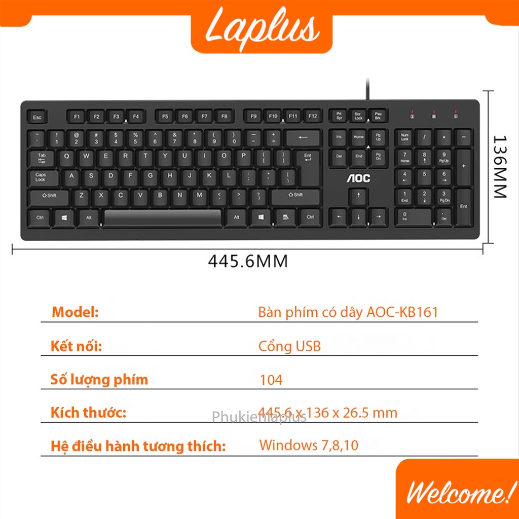 Bàn Phím Có Dây AOC KB161 Thiết Kế Đơn Giản - Phù Hợp Cho Làm Việc Văn Phòng, Học Sinh, Sinh Viên Học Tập, Giải Trí