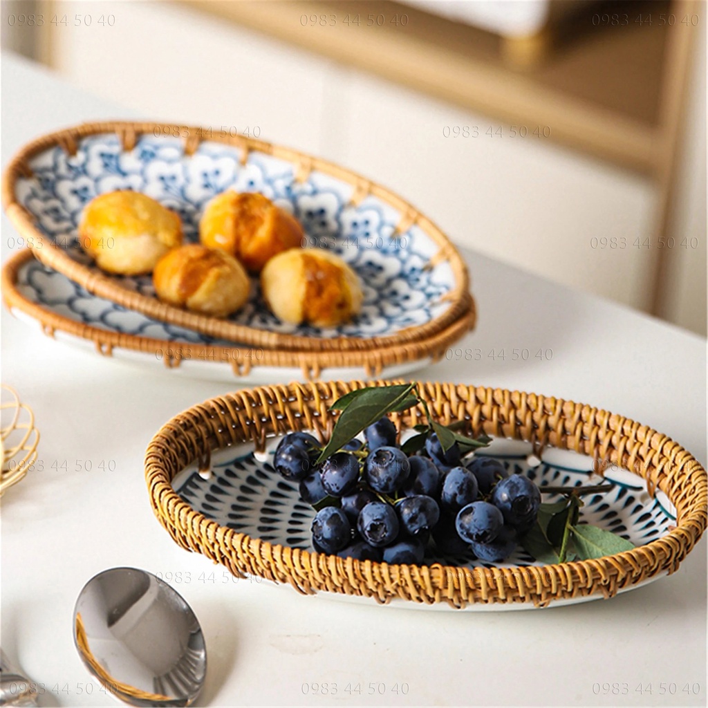 Đĩa Mây Đan (Oval) Kết Hợp Gốm Sứ, Trang Trí Bàn Ăn.