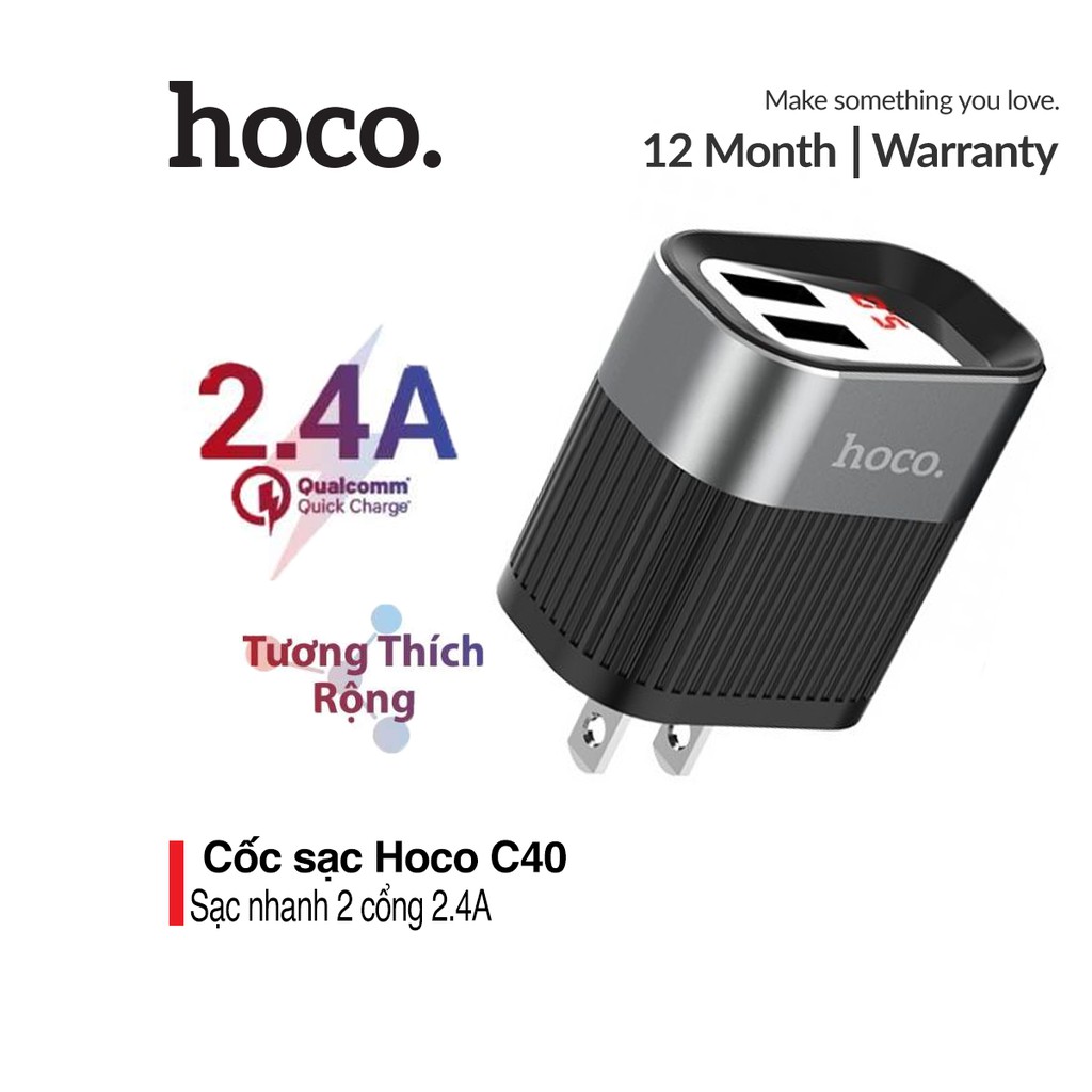 Củ sạc nhanh 2 cổng Hoco C40 màn hình LED hiển thị điện áp