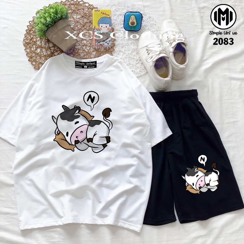 Đồ Bộ Hoạt Hình Unisex BÒ SỮA Aossi , Set Cartoon,  Thun Cotton , Quần short Unisex Nam Nữ Đều Mặc Được