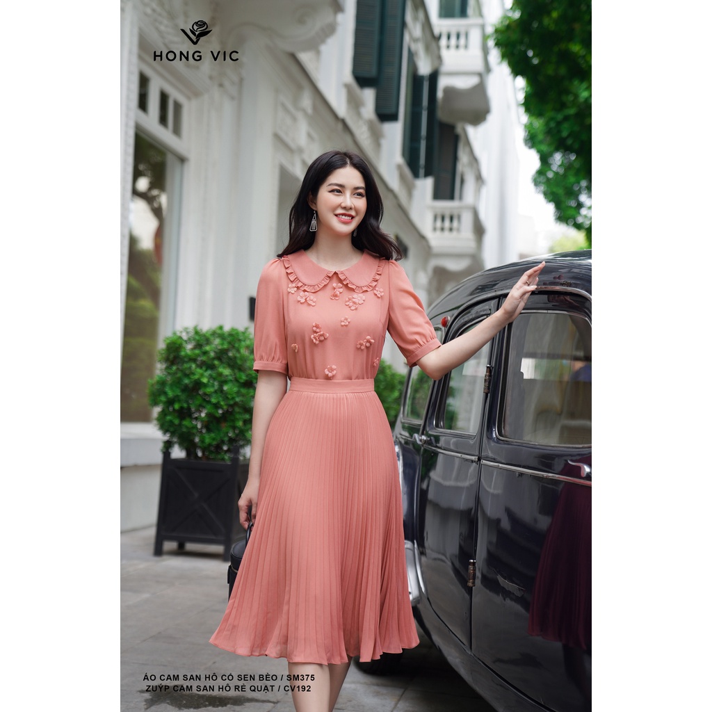 Chân váy nữ thiết kế Hong Vic cam san hô rẻ quạt CV192