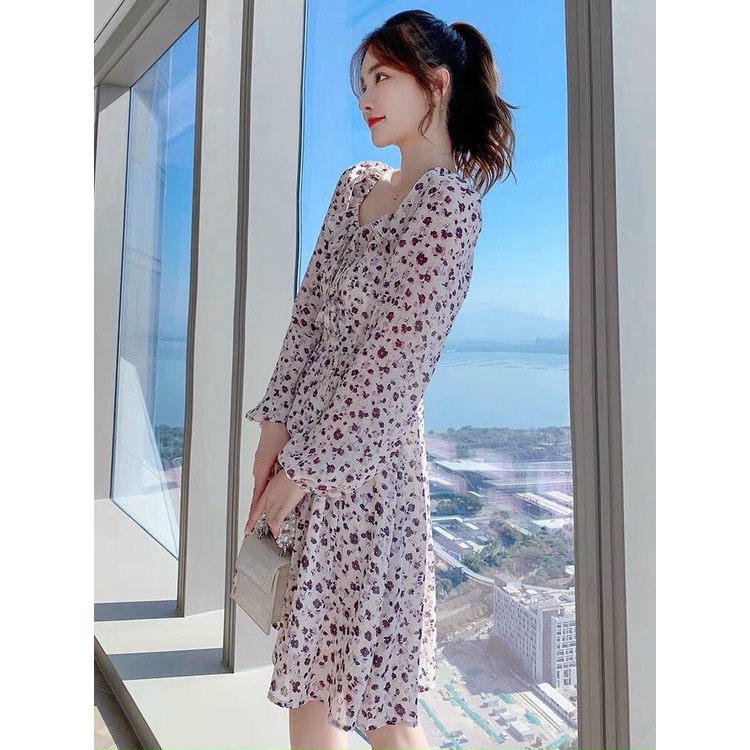 đầm bông lụa xòe nhẹ fom ngắn cổ vuông dài tay