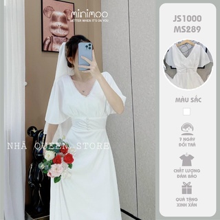 Đầm maxi trắng minimoo cổ v tay xoè phối ren kèm voan cài tóc dl1017mt359