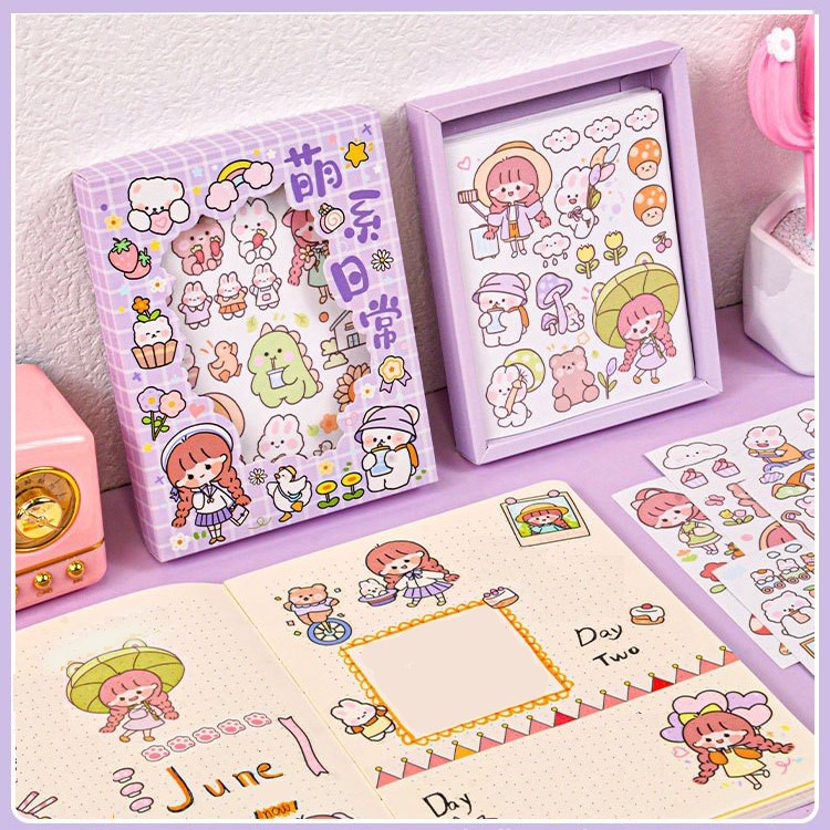Sticker cute hình dán sổ tay 50 tấm dễ thương dán sổ trang trí cô bé có hộp ST43