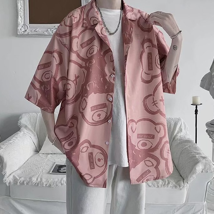 Áo sơ mi nam tay ngắn in hình gấu cá tính Simple Fashion unisex bigsize áo thun có cổ Hàn Quốc from rộng  lụa áo sơ mi nam ngắn tay