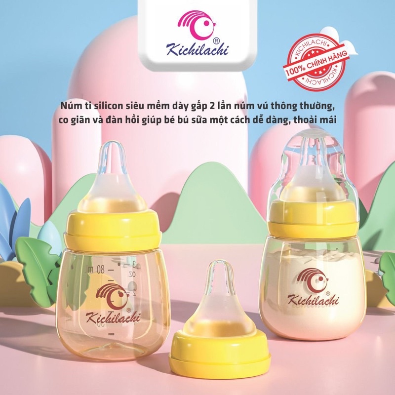 Bình Sữa Sơ Sinh Ppsu Cổ Hẹp Kichilachi 80ml Núm Ti Siêu Mềm Chống Sặc Và Đầy Hơi Cho Bé