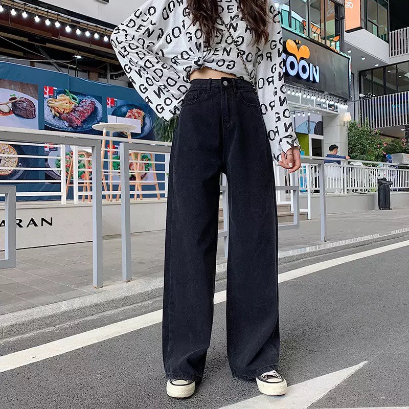 Quần Jeans ống rộng nữ, Quần bò nữ ống suông rộng baggy Ulzzang TR03 màu đen full phong cách Hàn Quốc hot hit 2022