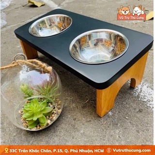 Khay gỗ tự nhiên - Bát ăn đôi cho Chó Mèo chống gù lưng - kèm 2 bát ăn inox