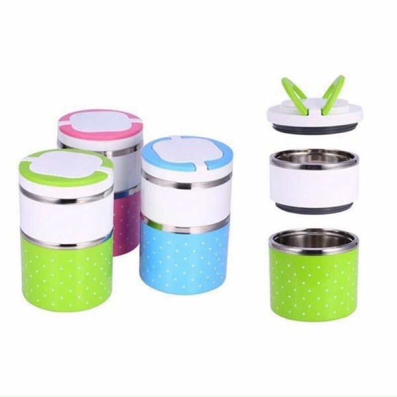 Hộp cơm chấm bi giữ nhiệt thực phẩm ruột Inox 2 tầng